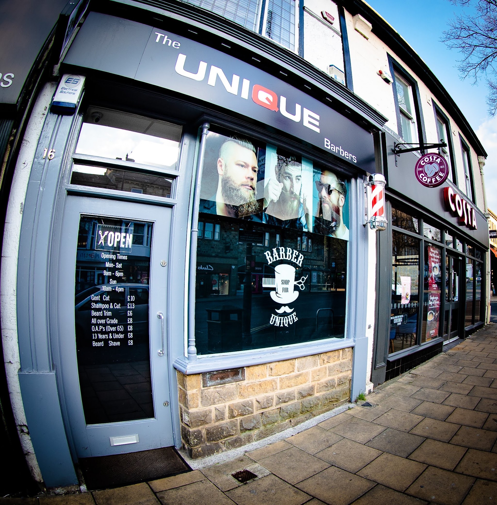 The Unique Barbers shopfront at number 16 Brook Street, Ilkley